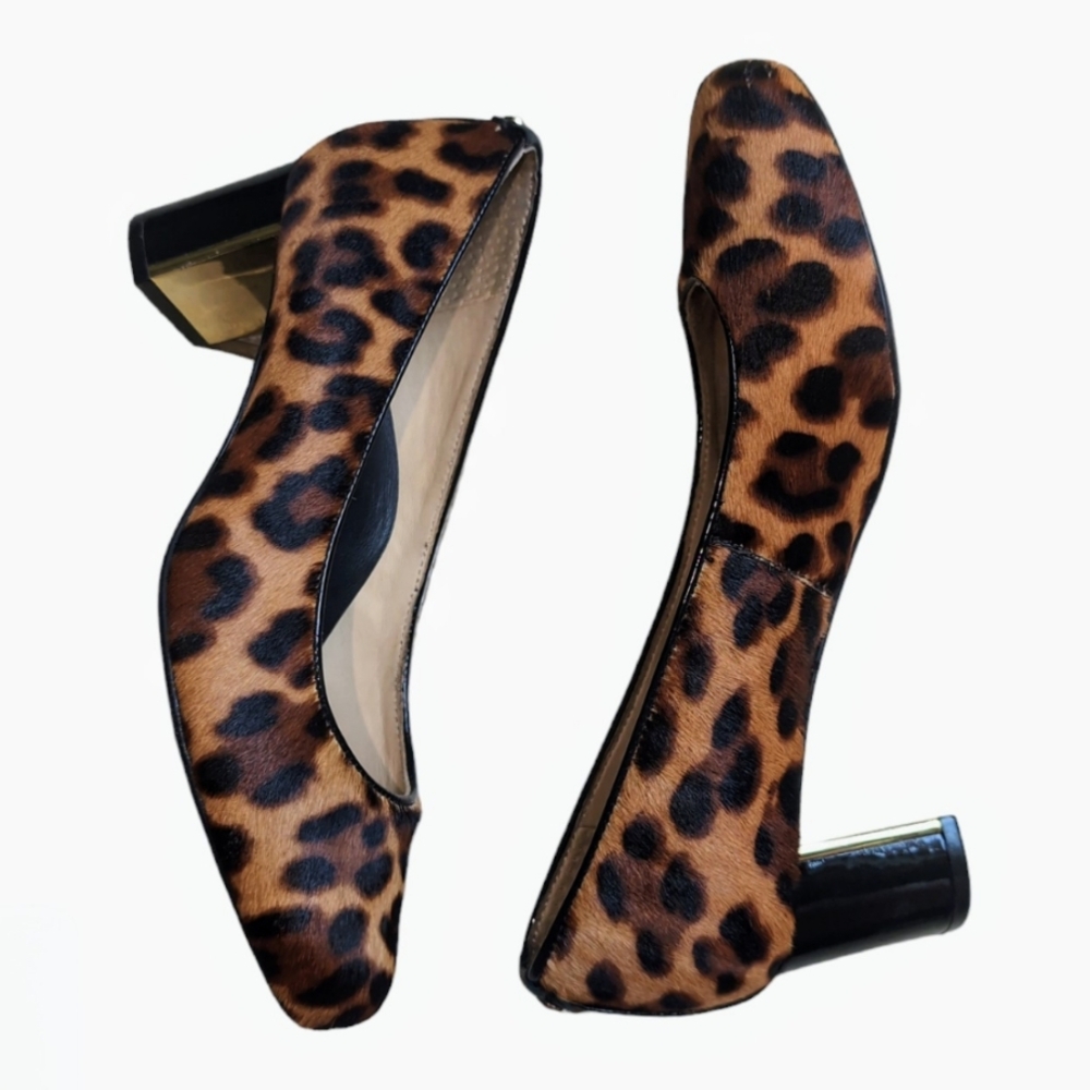 Nurture Bryatwo Leopard Real Calf Hair Gold Detail Chunky Heel Women's Size 6
